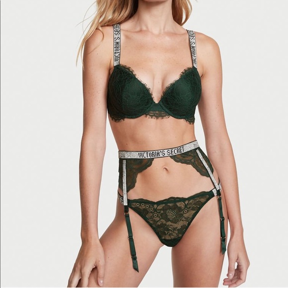 Victoria secret green envy laced shiny strap garter belt - Picture 2 of 10